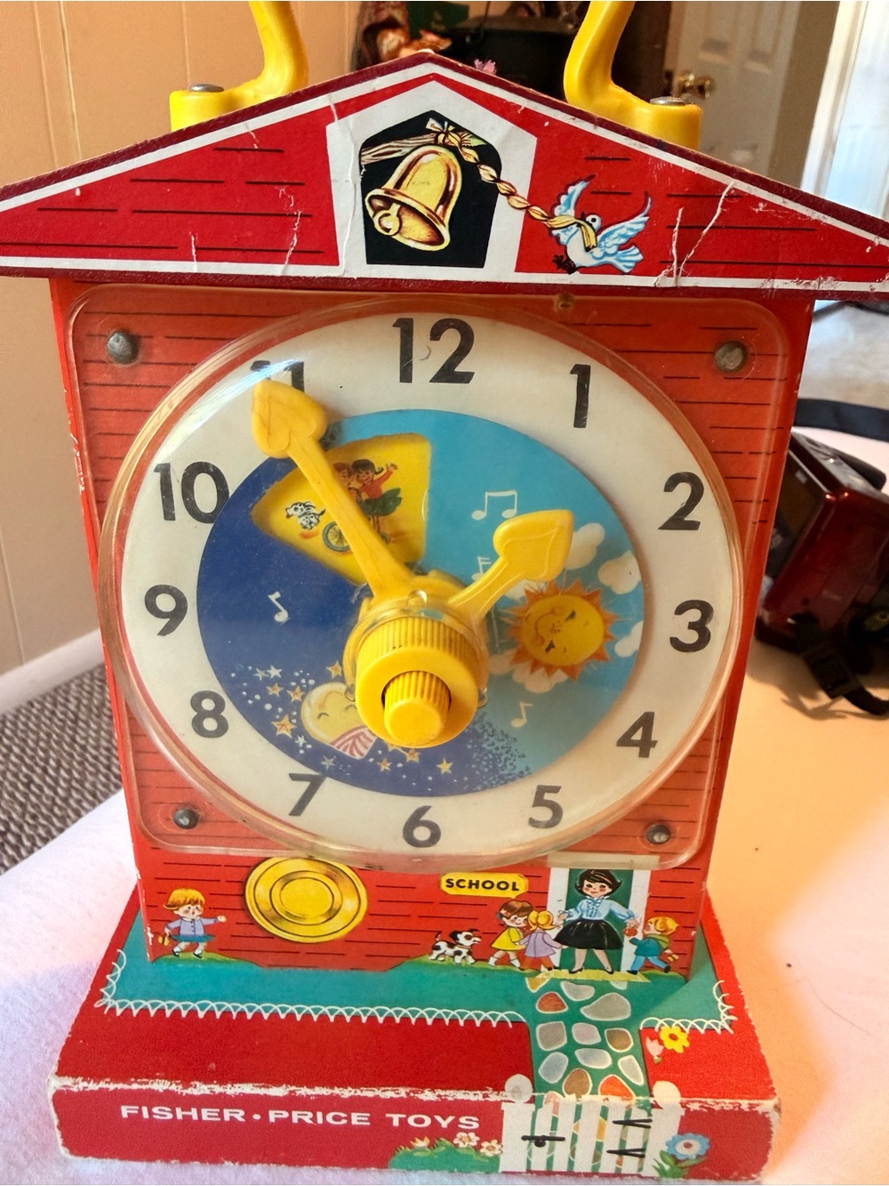 Vintage Fisher-Price Red and Yellow Musical Teaching Clock Toy 1960s Works